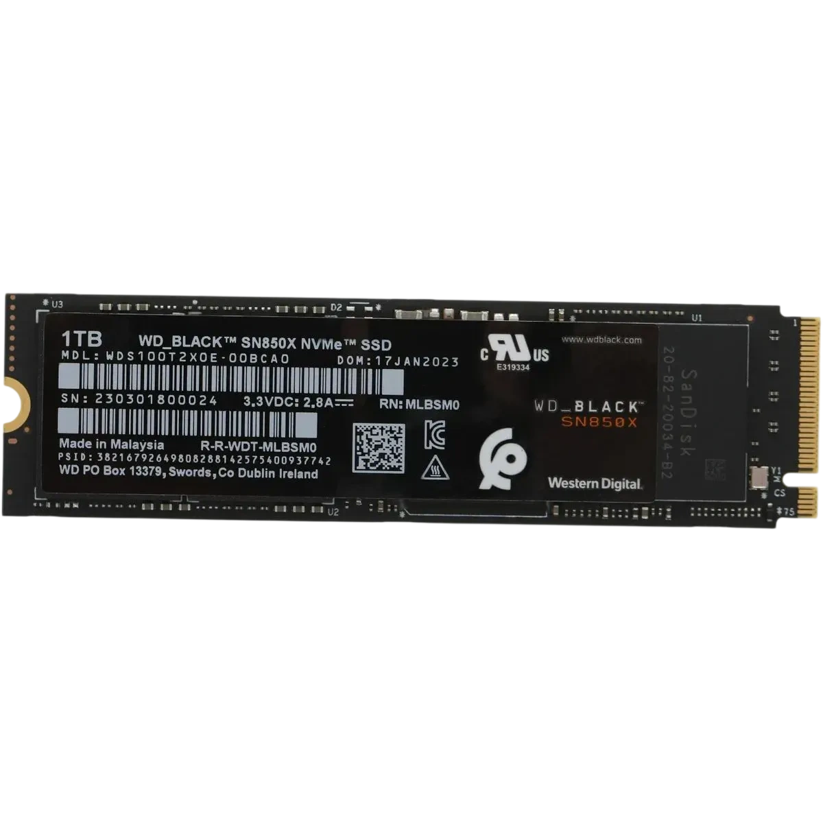 Твердотельный накопитель WD SSD Black SN850X, 1.0TB, M.2(22x80mm), NVMe, PCIe 4.0 x4, 3D TLC, R/W 7300/6300MB/s, IOPs 800 000/1 100 000, TBW 600, DWPD 0.3