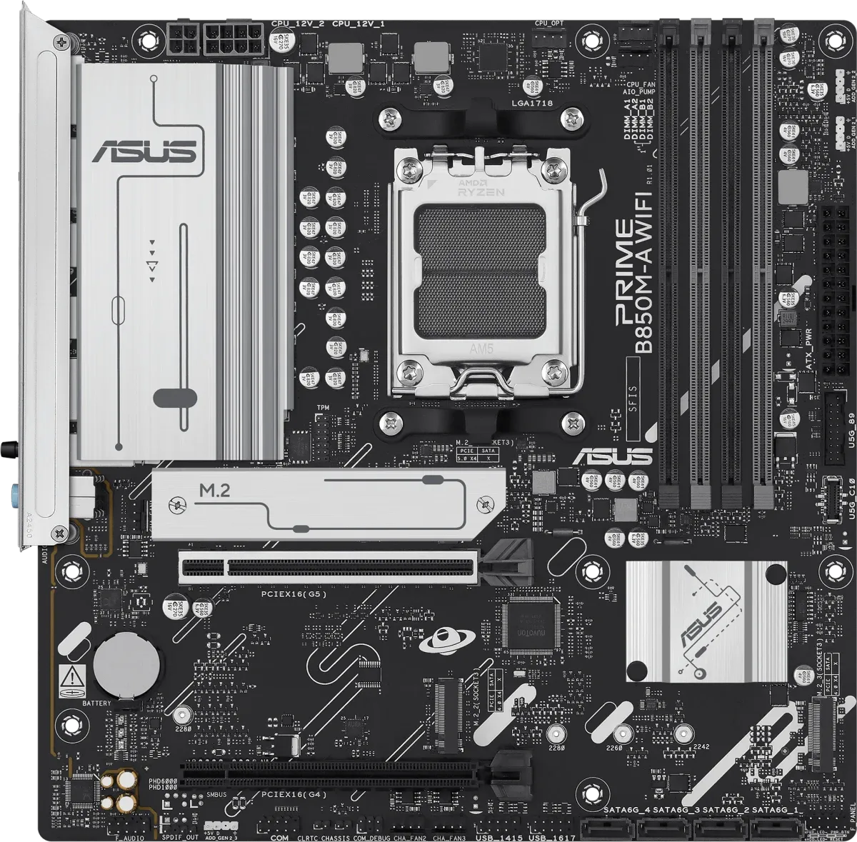 Материнская плата ASUS PRIME B850M-A WIFI, AM5, AMD B850, 4xDDR5, 4xSATA, 3xM.2, 1xPCIe 5.0 x16, 1xPCIe 4.0 x16, 1xHDMI, 2xDP, 1x2.5Gb LAN, Wi-Fi 6E, Bluetooth 5.3, 2xUSB-A 10Gbps, 2xUSB-A 5Gbps, 4xUSB-A 2.0, 3x3.5 мм, 7.1, mATX