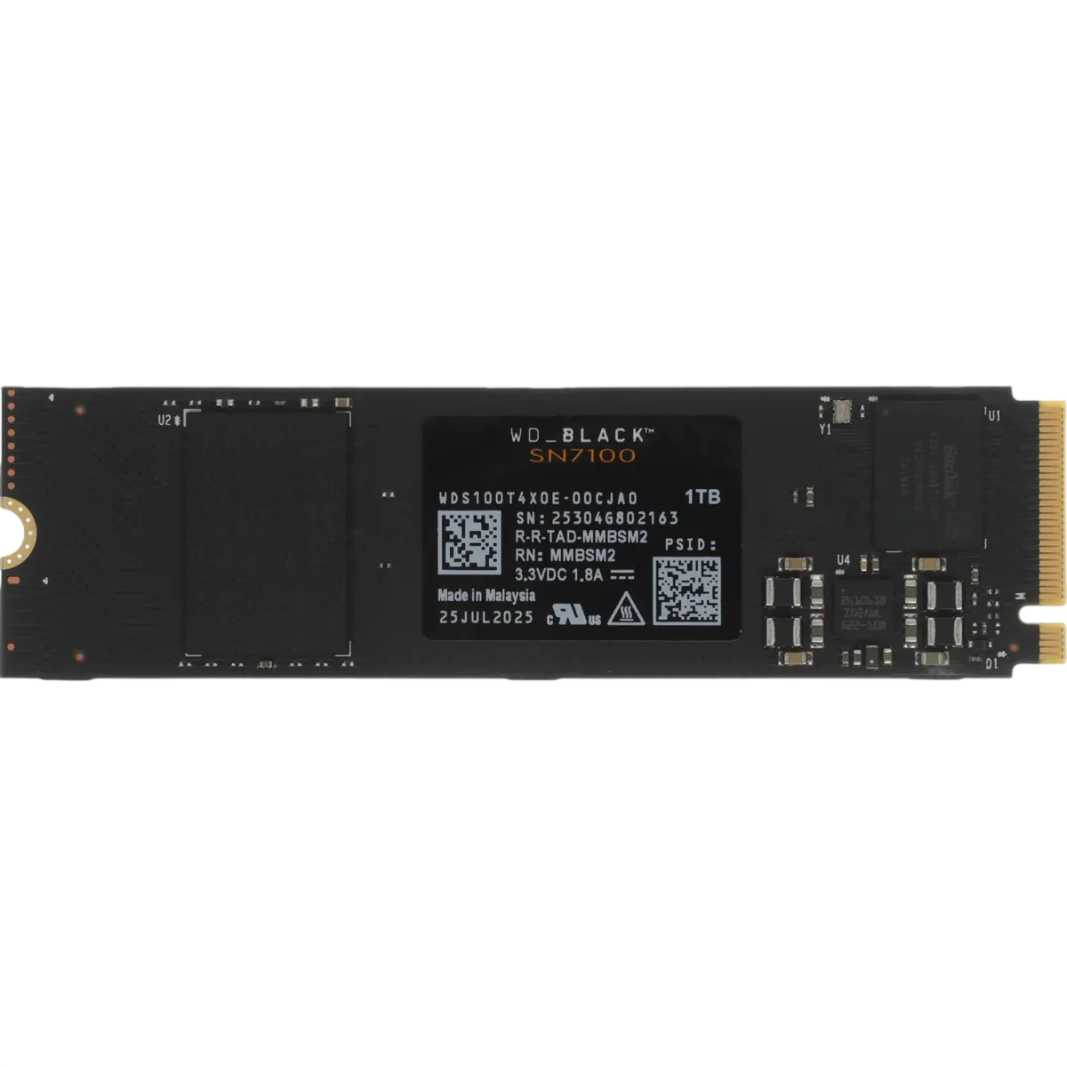 Твердотельный накопитель Western Digital Black SSD SN7100 M2.2280 PCIe 4.0 1Tb, 7250MBs/6900MBs, TBW 600, WDS100T4X0E, 1 year