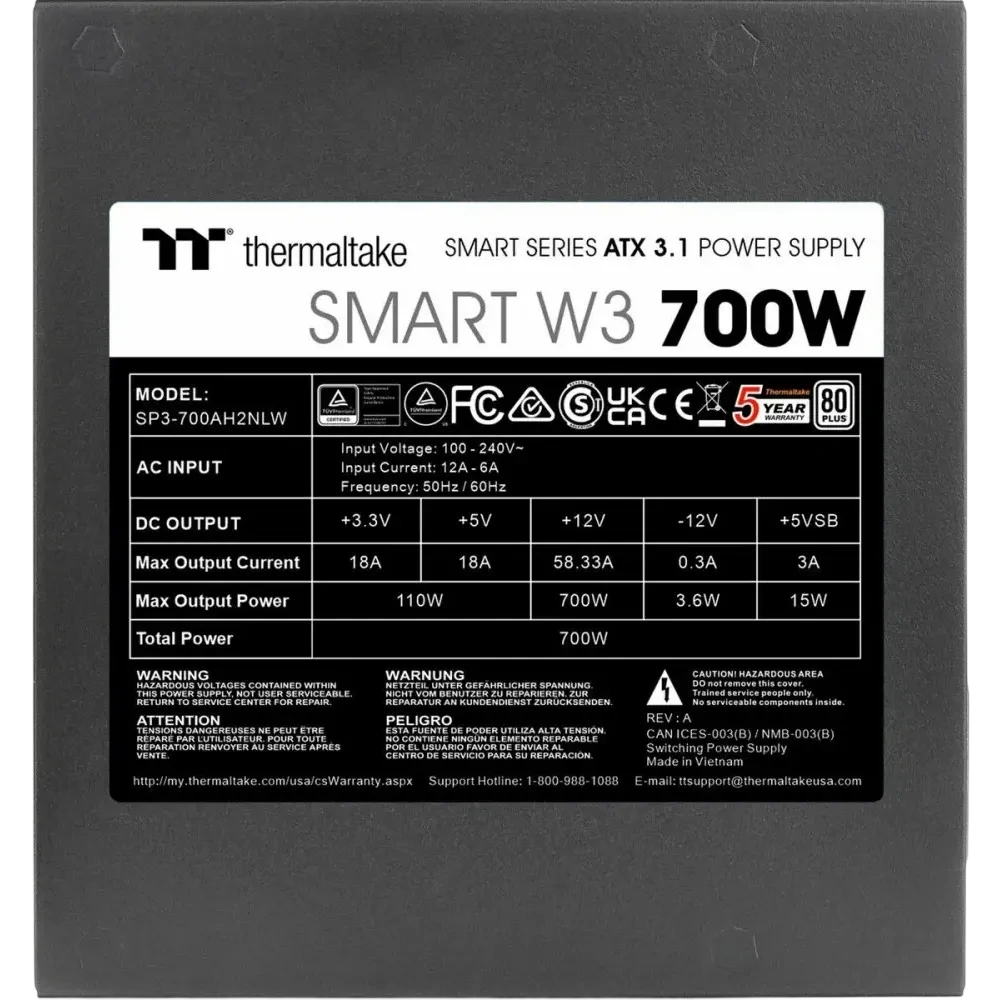 Блок питания Thermaltake 700W SMART W3 700 (PS-SPW-0700NNFAWE-1)