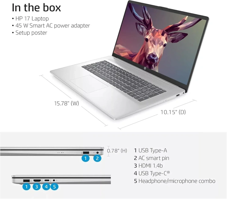 Ноутбук HP 17-cp3155cl (AMD Ryzen 5 7430U/17.3" Touchscreen 1600x900/32Gb/1Tb SSD/Wi-Fi/BT/Win 11 Pro) Silver - фото